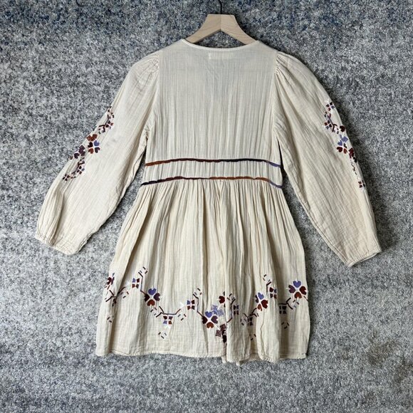 Zara Dress Girls 11-12 152 Beige Embroidered Boho Peasant Long Sleeve Cotton - Picture 6 of 6